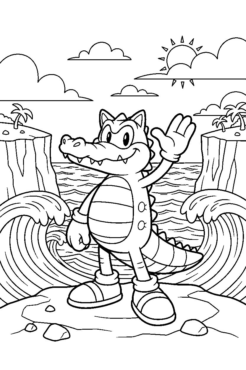 vector the crocodile from sonic the hedgehog series waving happily near ocean cliffs line art