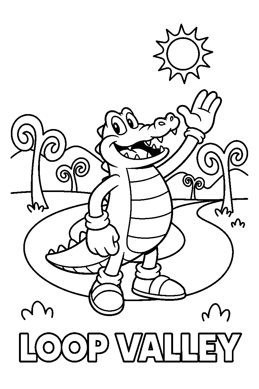 vector the crocodile from sonic the hedgehog series waving happily on a loop valley line art
