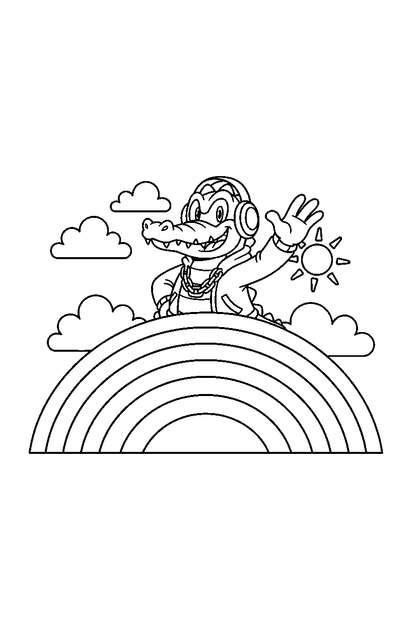 vector the crocodile from sonic the hedgehog series waving happily on a rainbow hillside line art