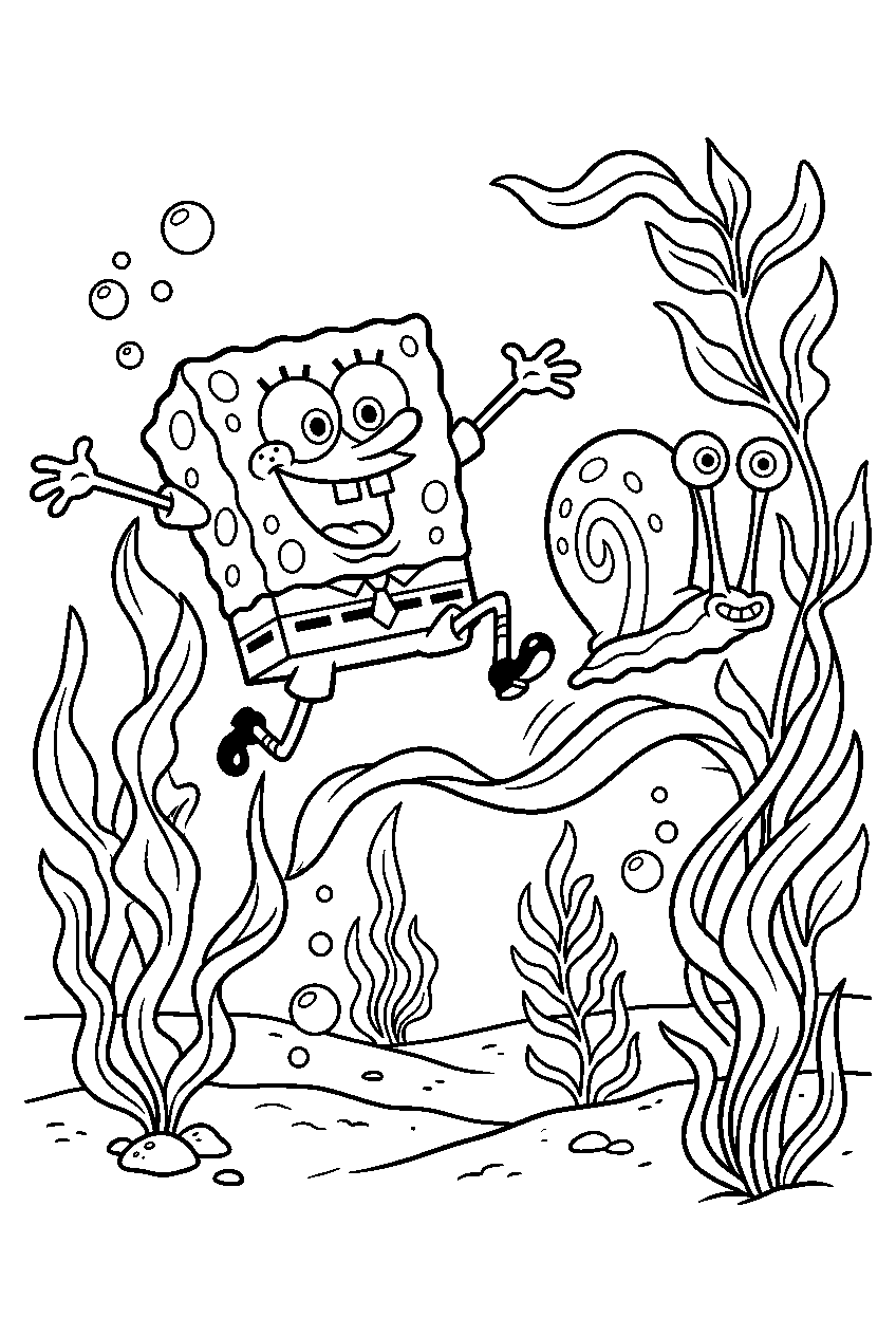 spongebob gary jumping at kelp forest line art