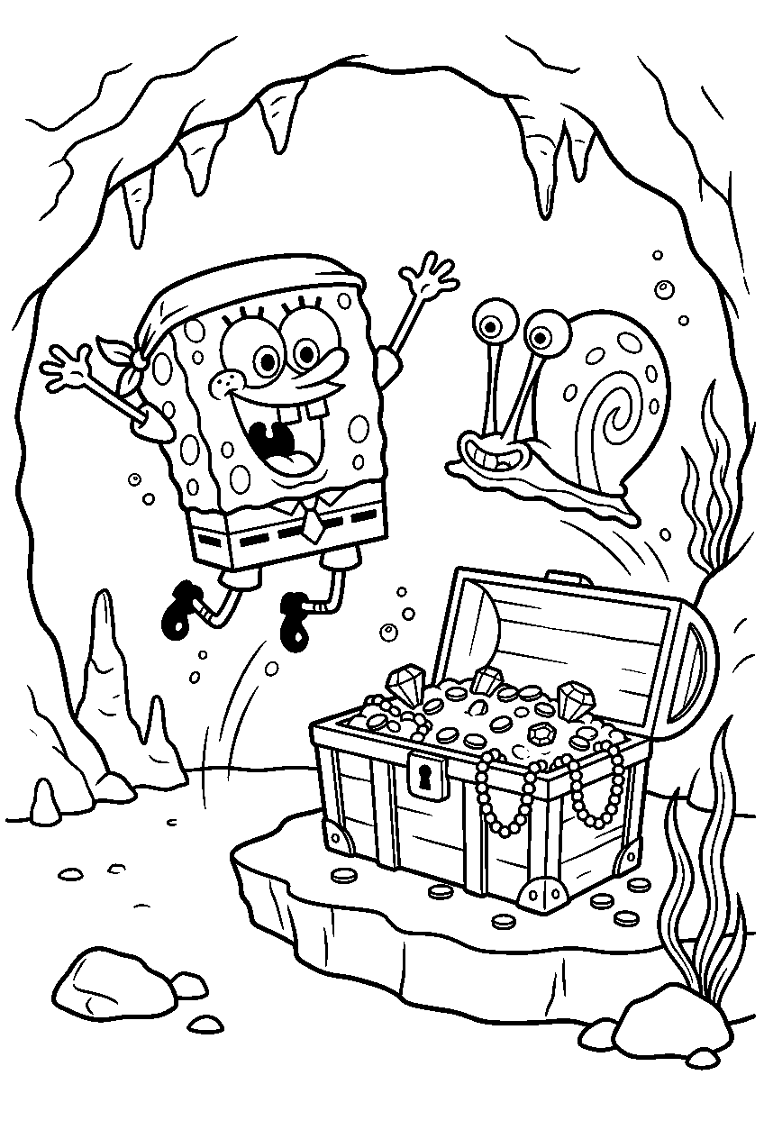 spongebob gary jumping at treasure cave line art