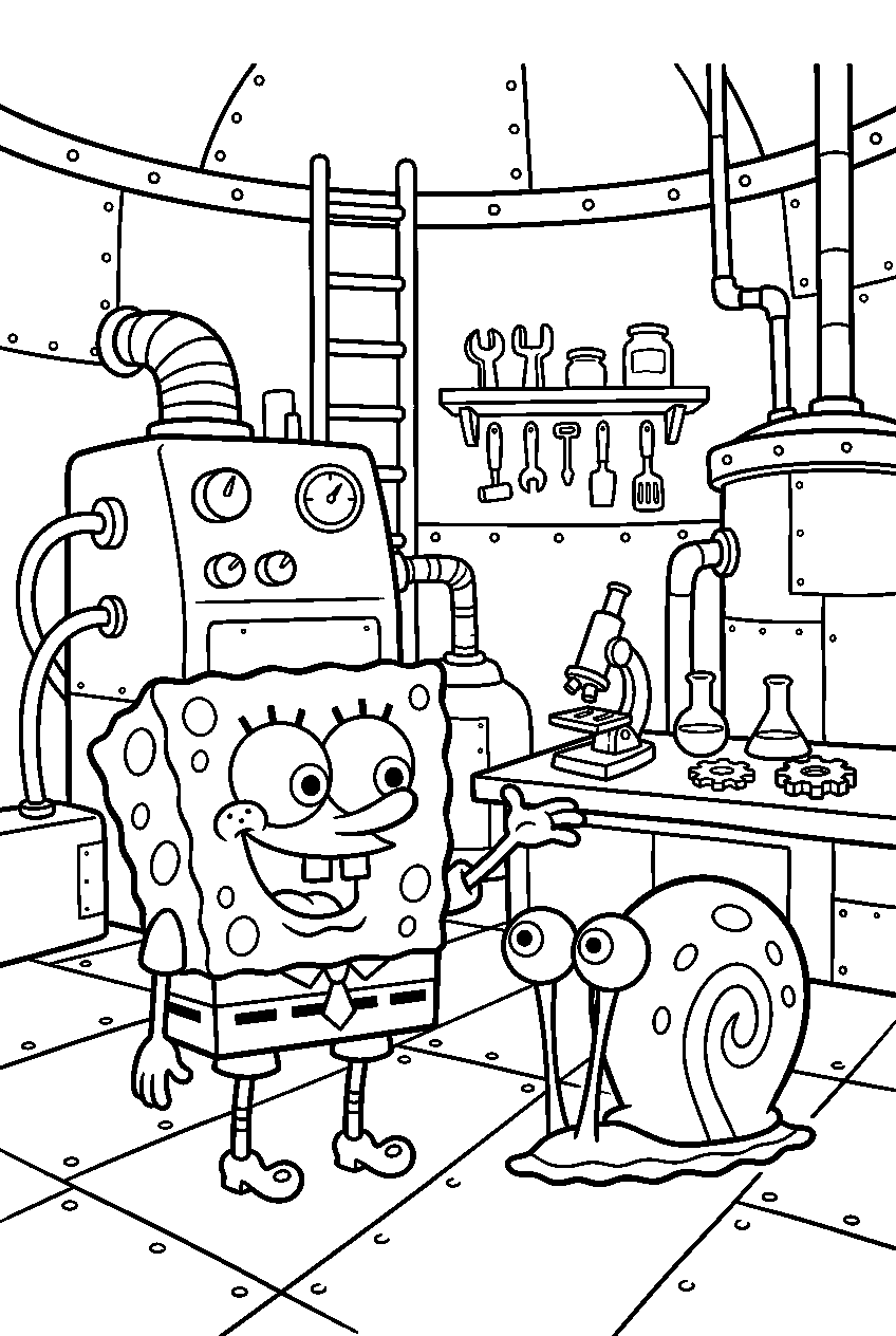spongebob gary looking around at chum bucket laboratory line art