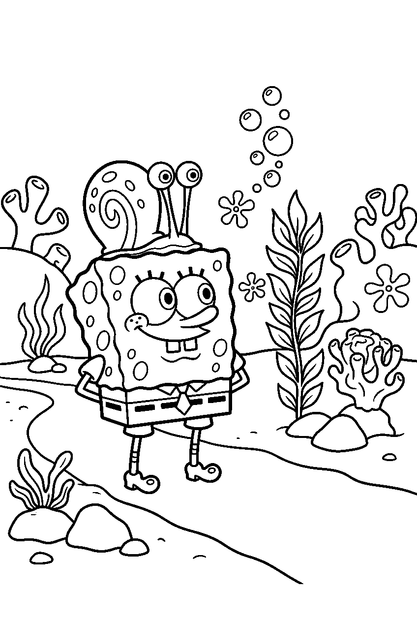 spongebob gary looking around in underwater garden line art