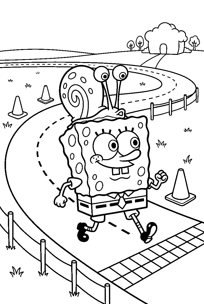 spongebob gary looking around on boating school test track line art
