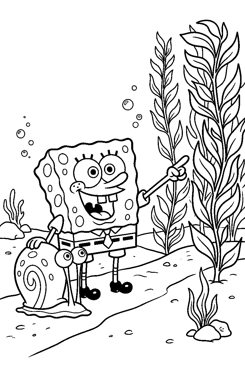 spongebob gary pointing at kelp forest line art