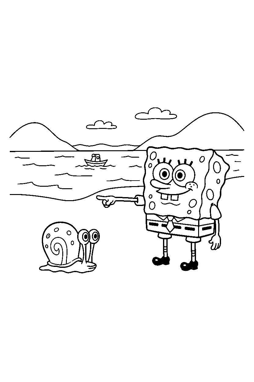 spongebob gary pointing by lake line art