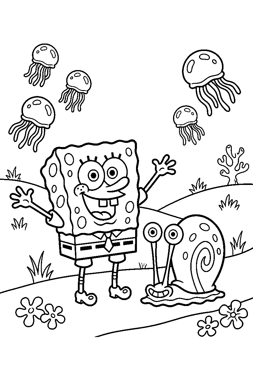spongebob gary posing in jellyfish fields line art
