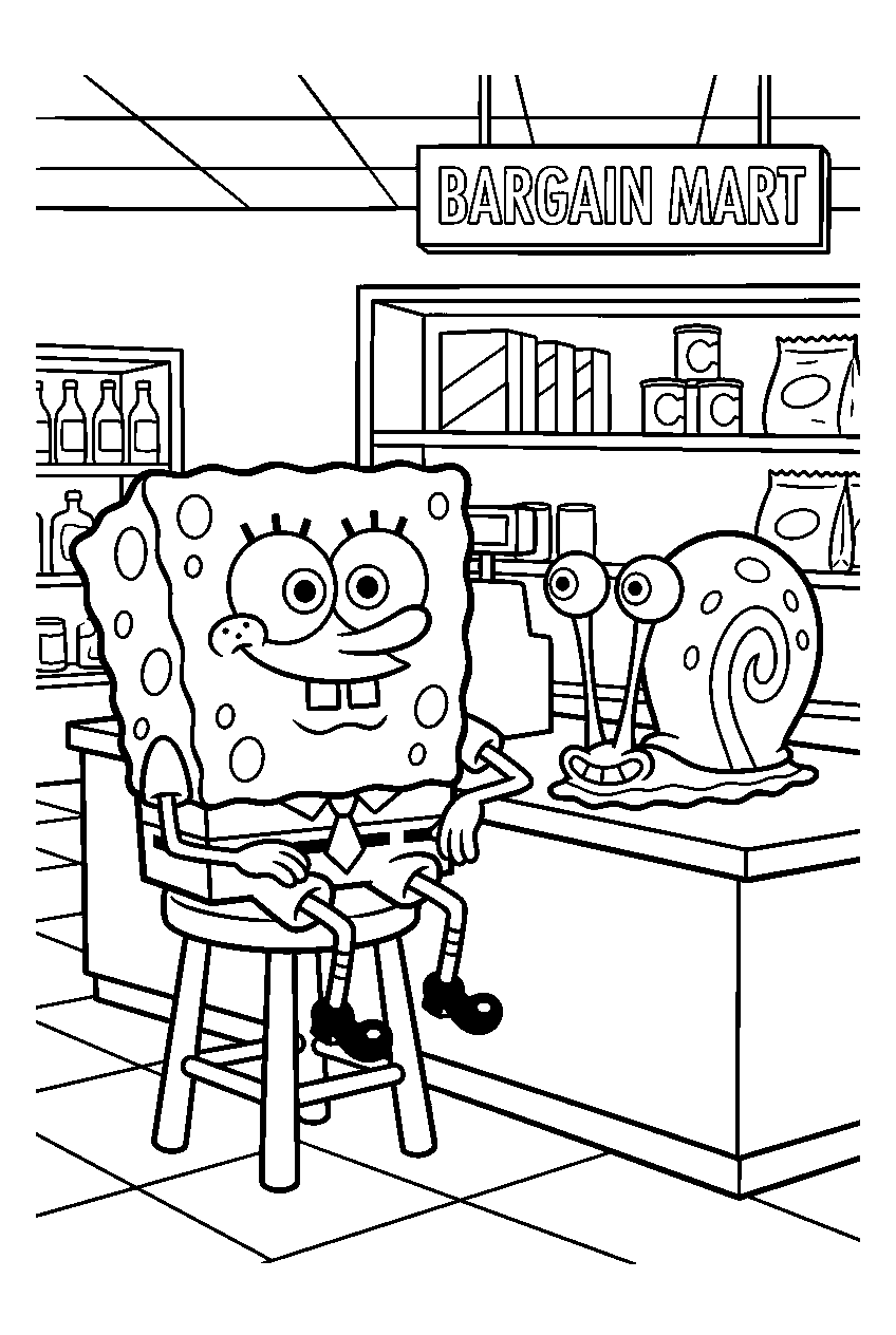 spongebob gary sitting at bargain mart line art