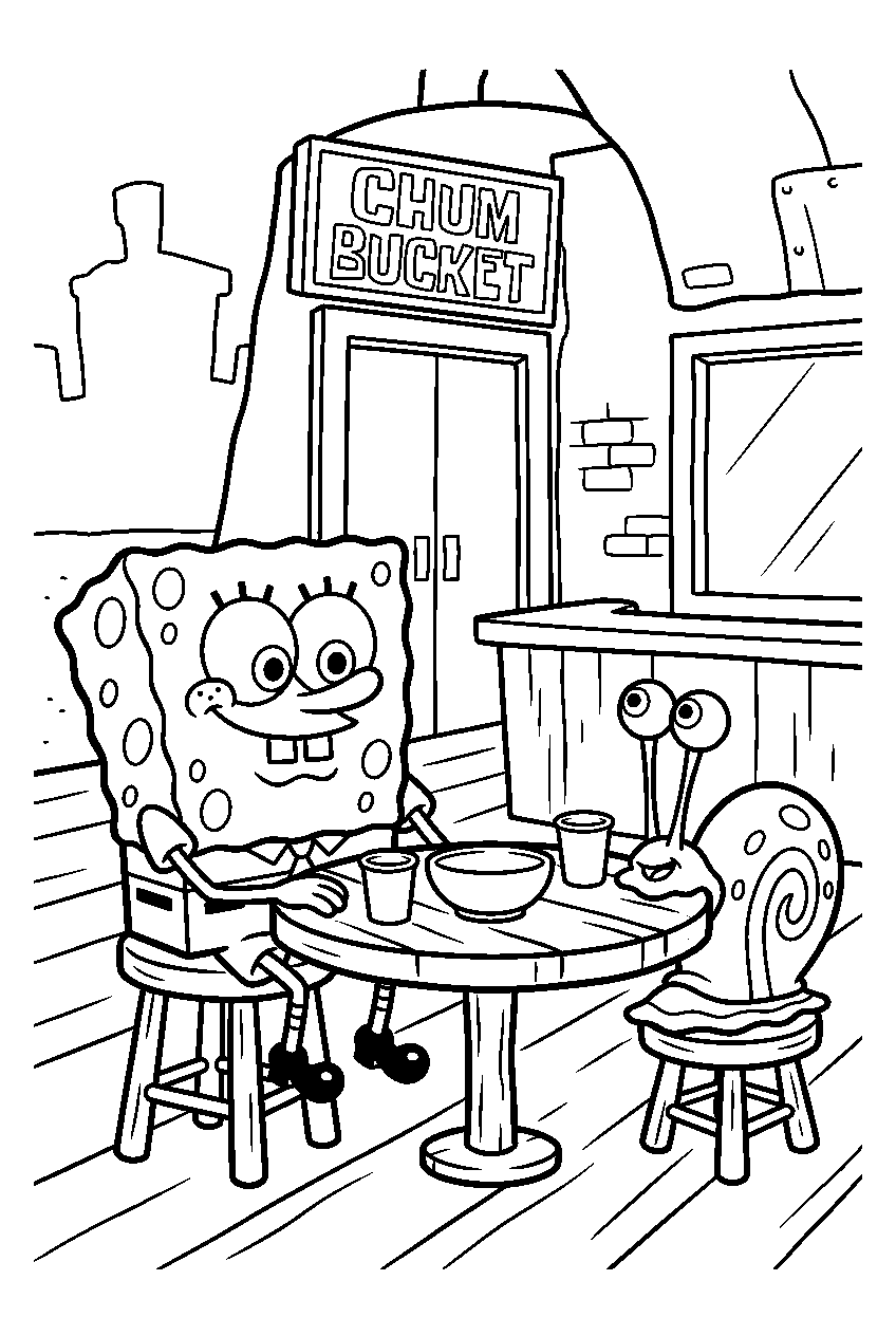 spongebob gary sitting at chum bucket line art