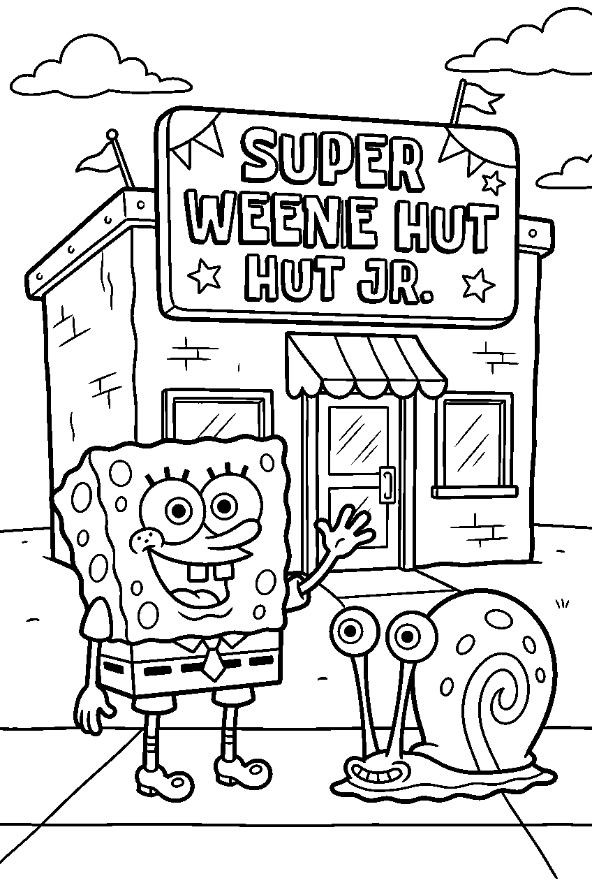 spongebob gary standing at super weenie hut jr line art