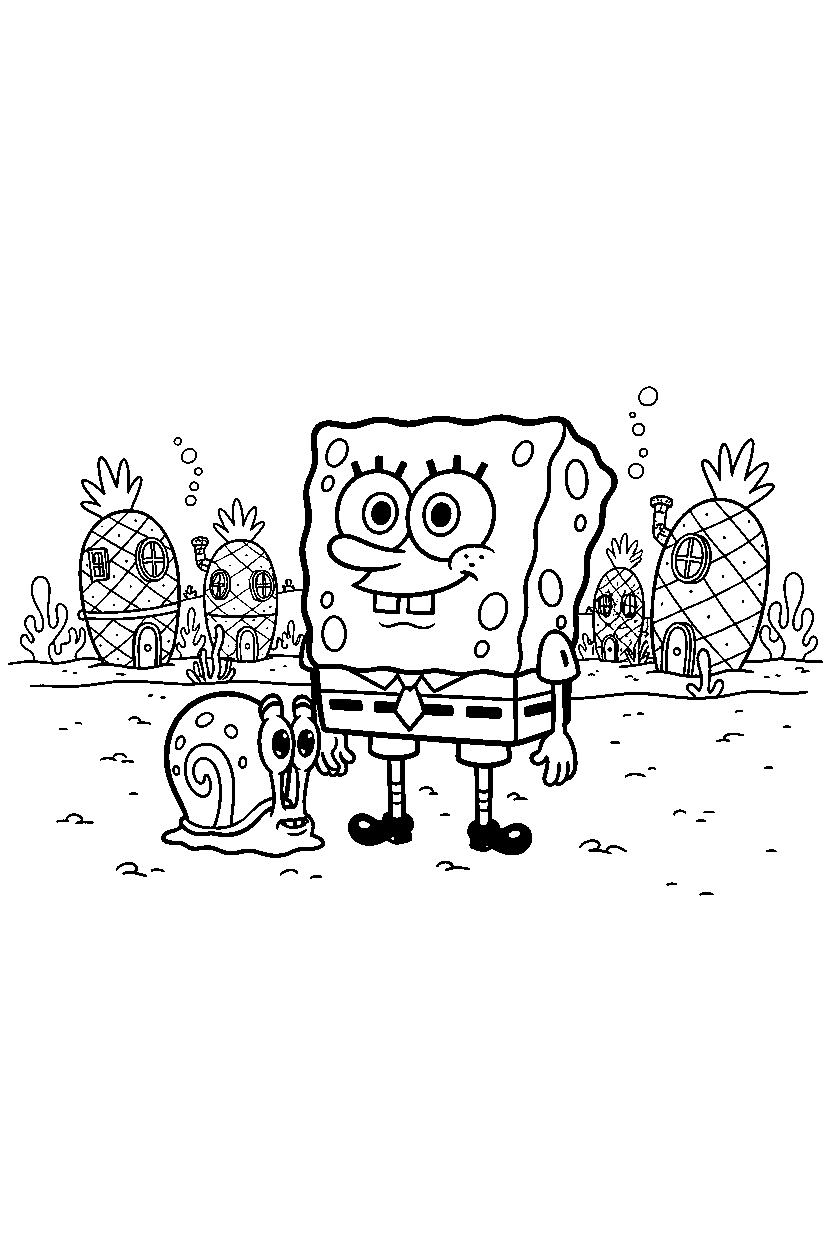 spongebob gary standing calmly in village line art