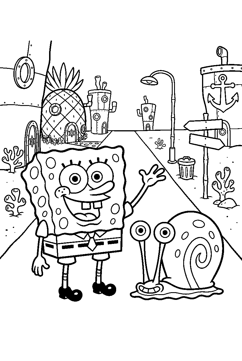spongebob gary standing in downtown bikini bottom line art