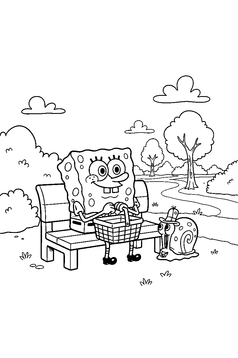 spongebob gary watching in park line art