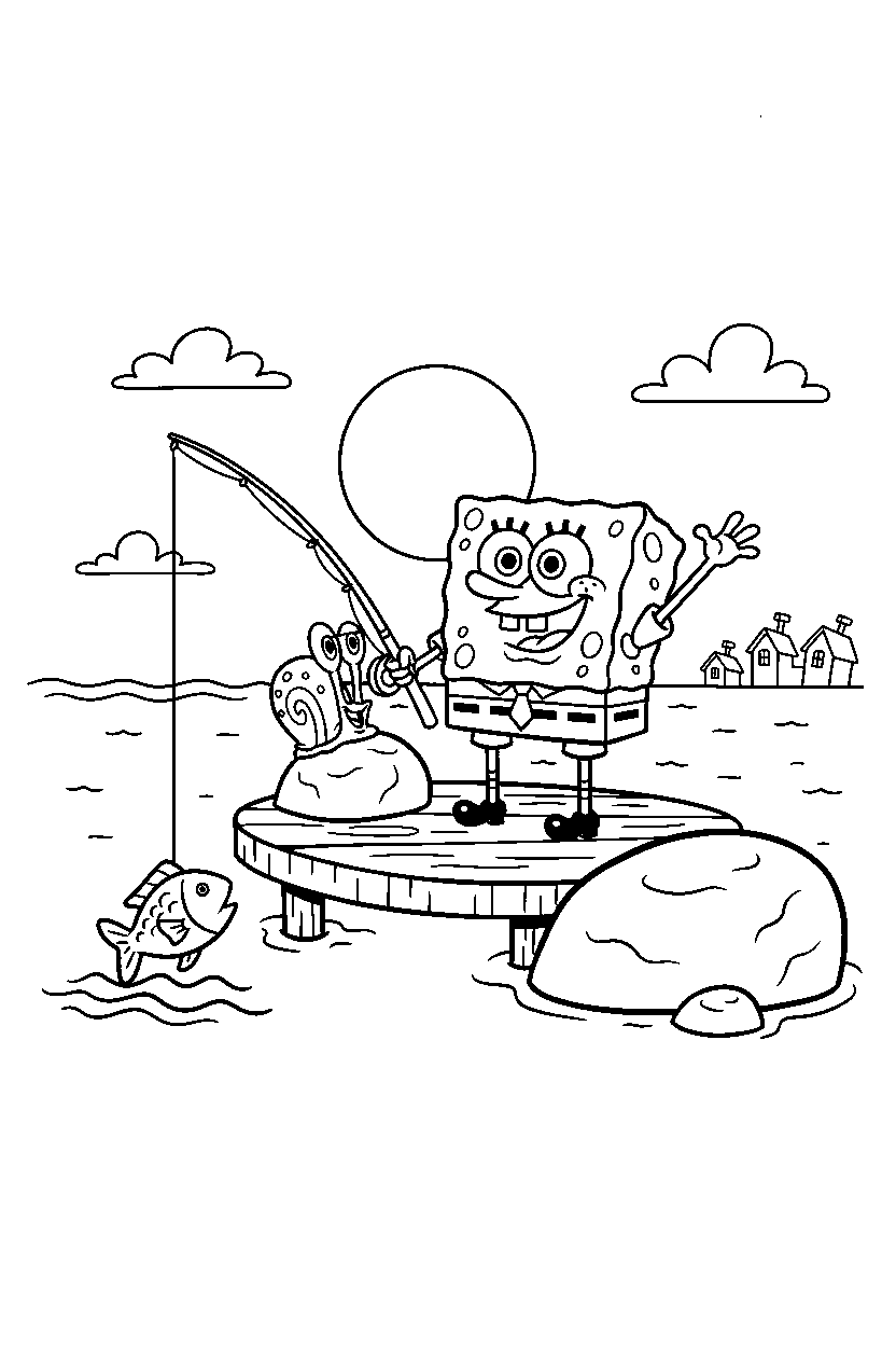 spongebob gary waving at fishing spot line art