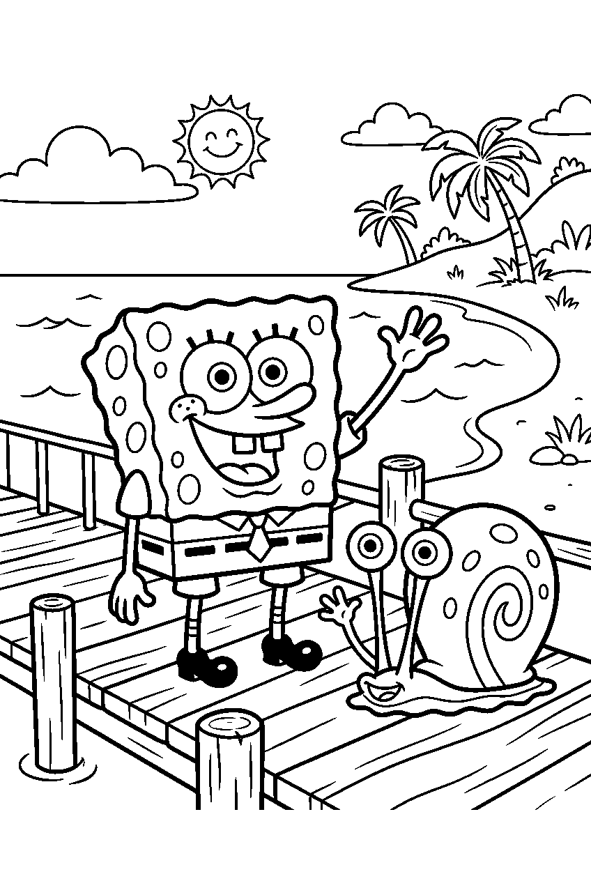spongebob gary waving at goo lagoon pier line art