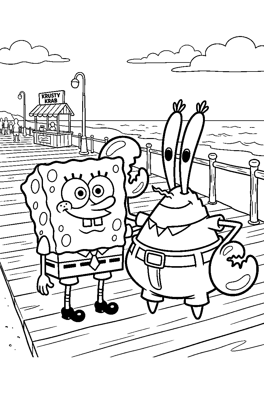 spongebob mr krabs at boardwalk line art