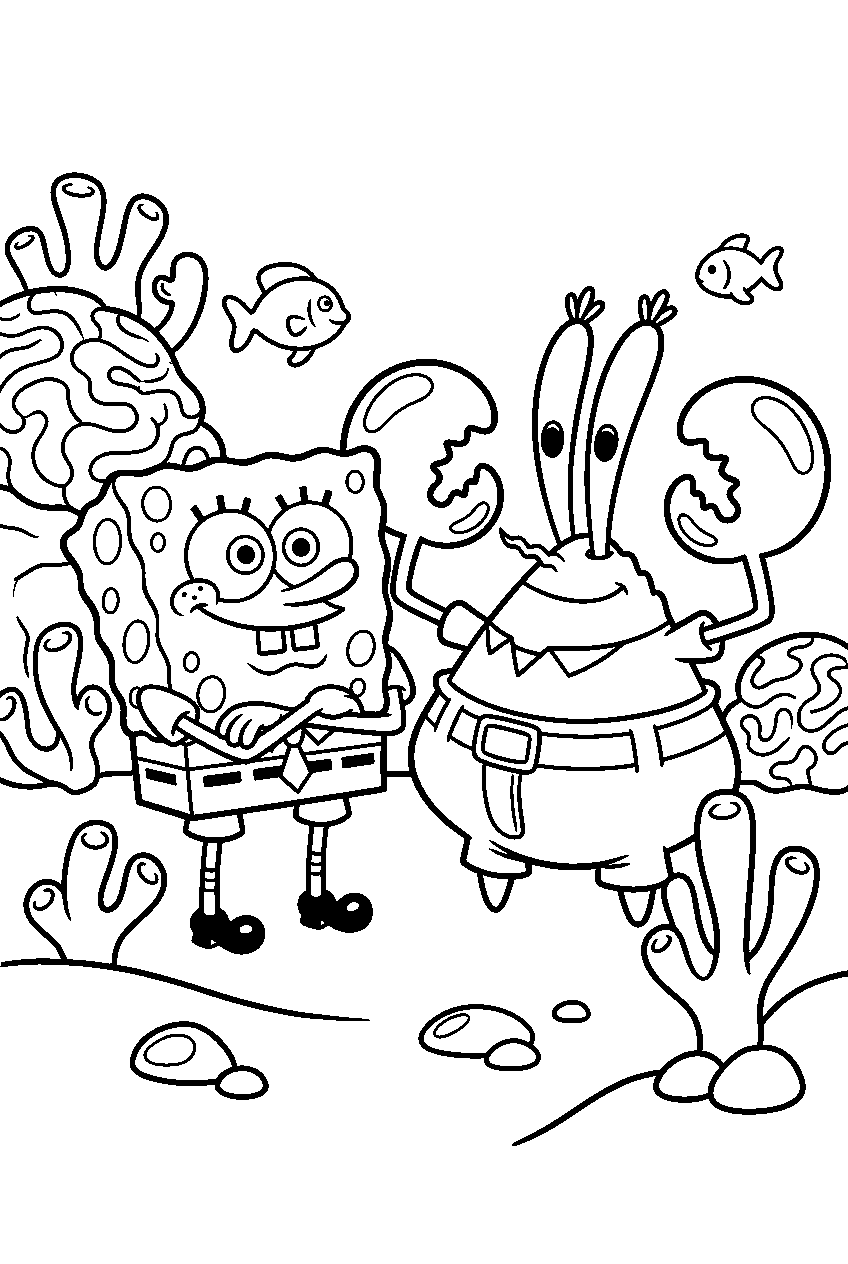 spongebob mr krabs at coral reef line art