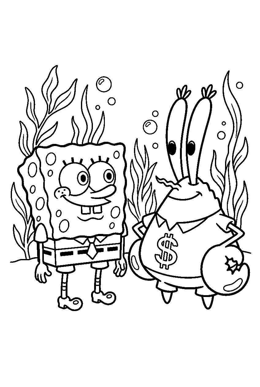 spongebob mr krabs at kelp forest line art