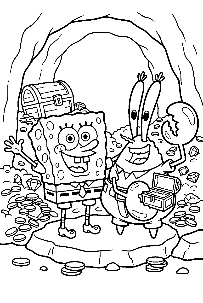 spongebob mr krabs at treasure cave line art