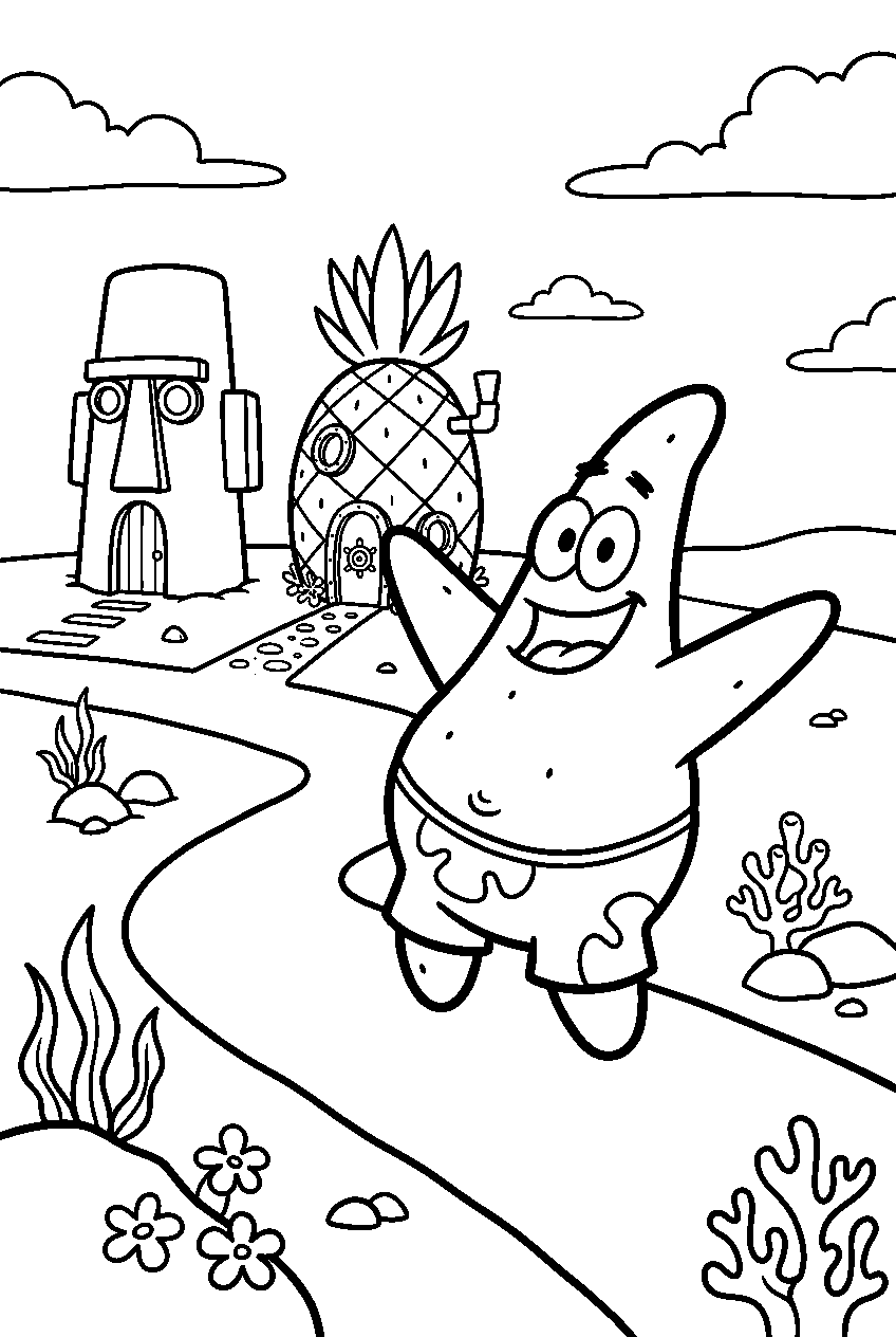 patrick star jumping on conch street line art