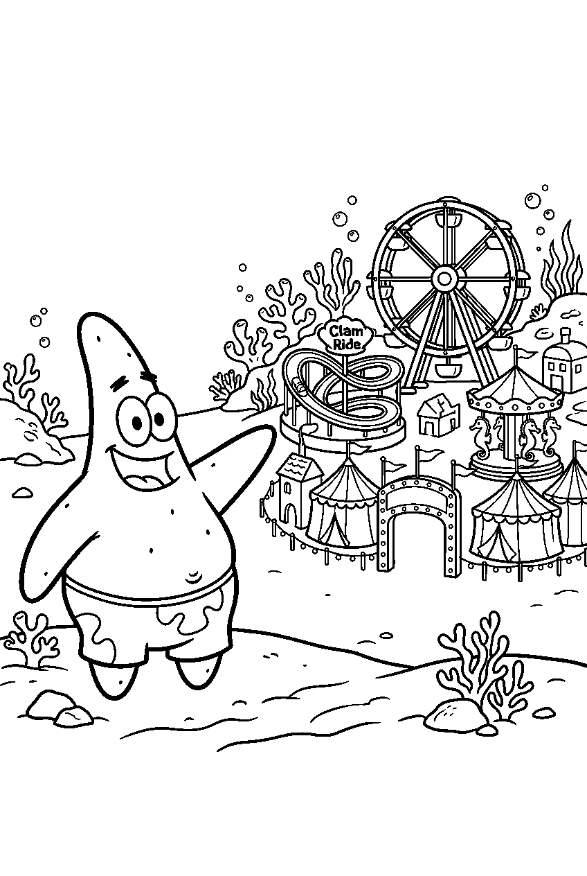 patrick star pointing at underwater carnival line art