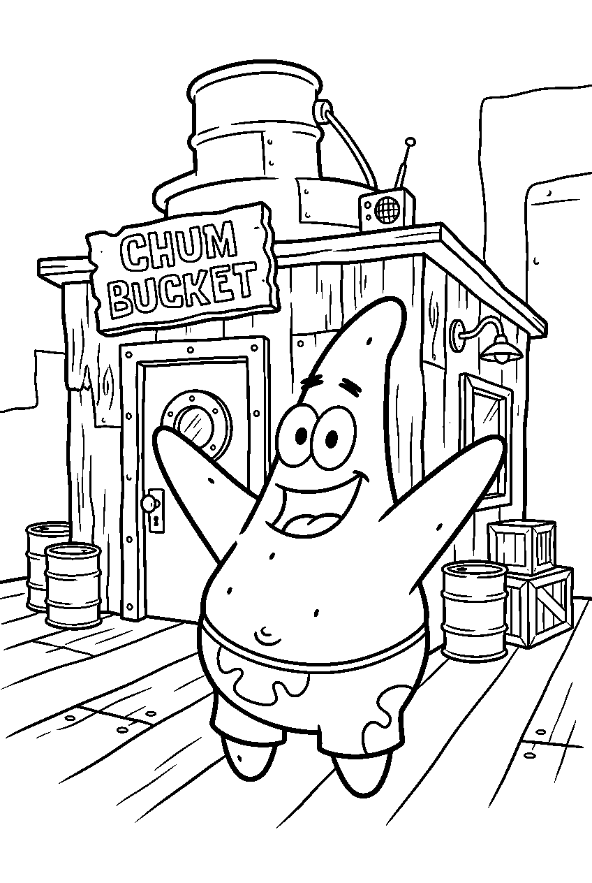 patrick star posing at chum bucket laboratory line art