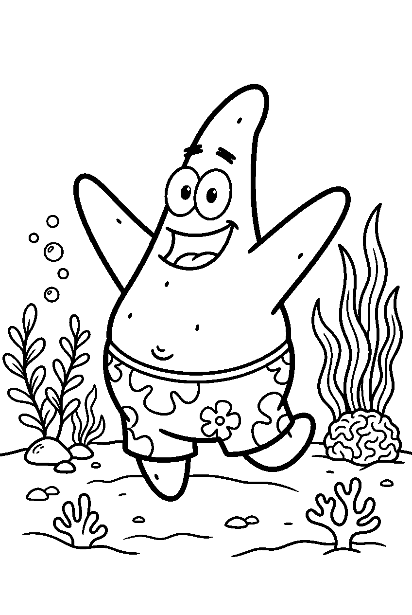 patrick star posing in underwater garden line art