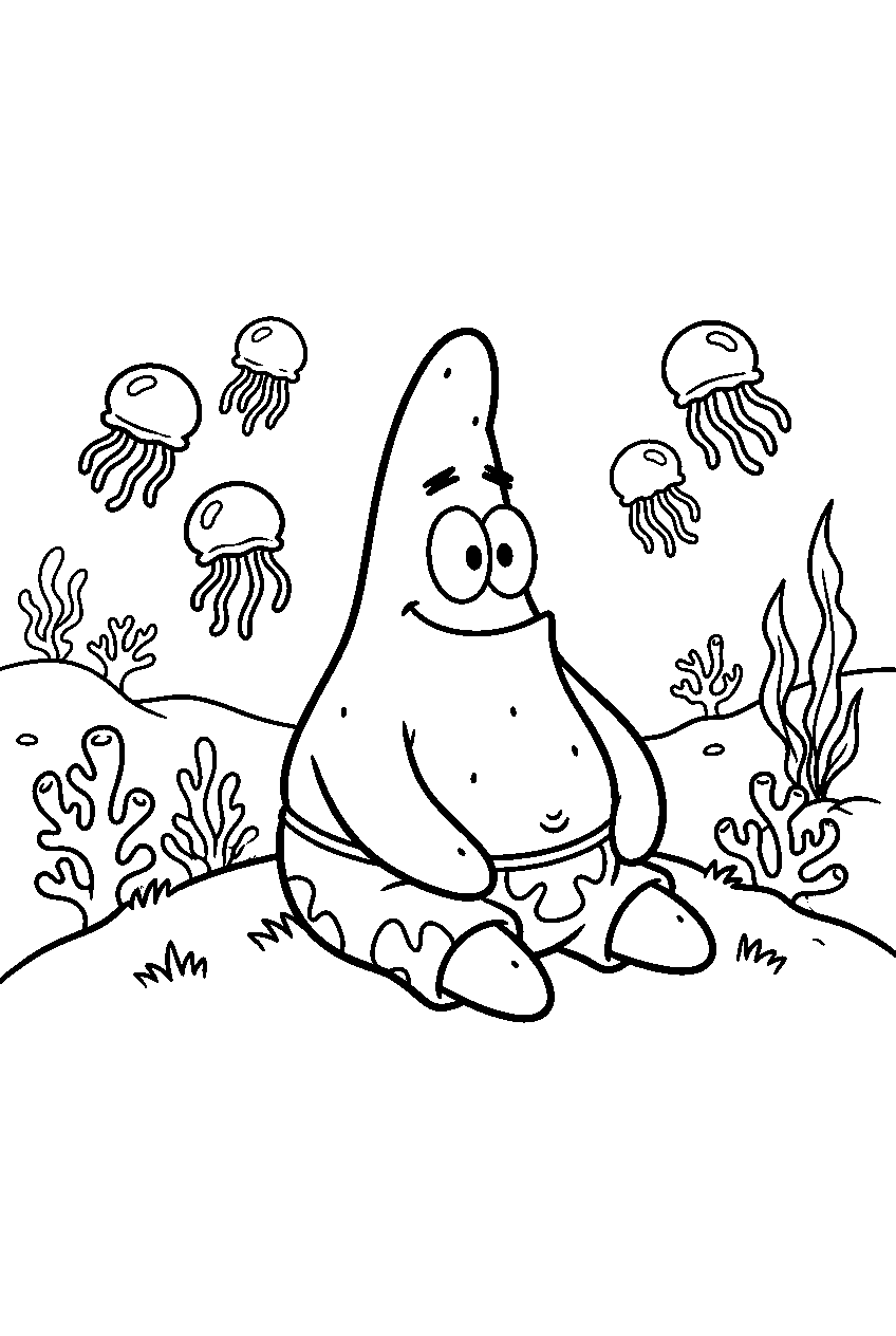 patrick star sitting in jellyfish fields line art
