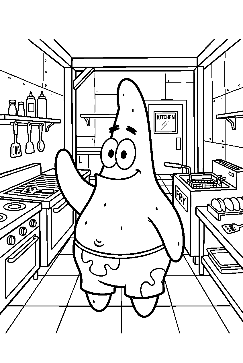 patrick star standing inside krusty krab kitchen line art