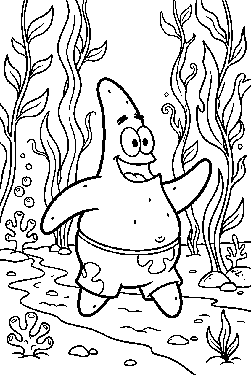patrick star walking at kelp forest line art