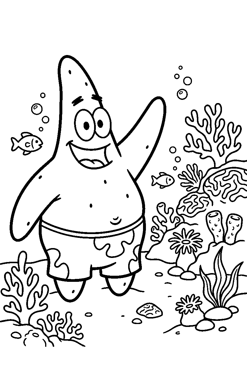 patrick star waving at coral reef line art