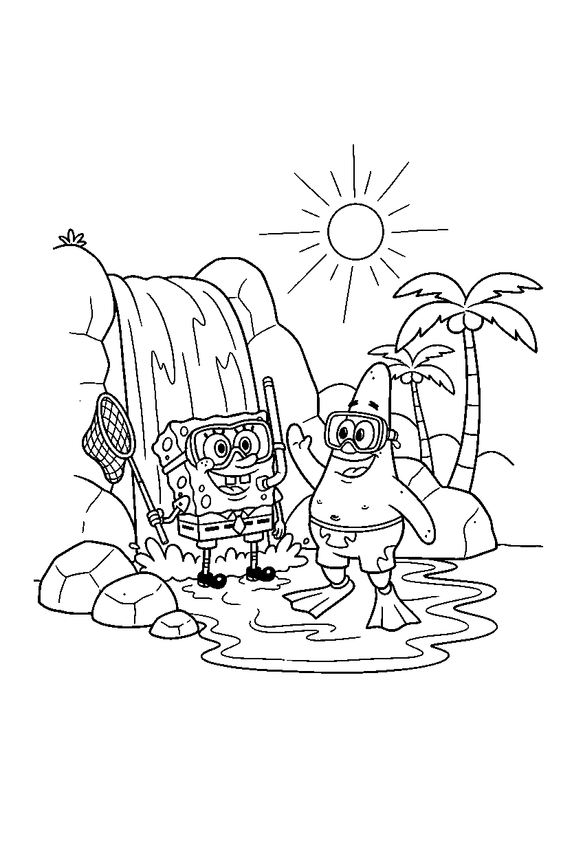 spongebob patrick star exploring by waterfall line art