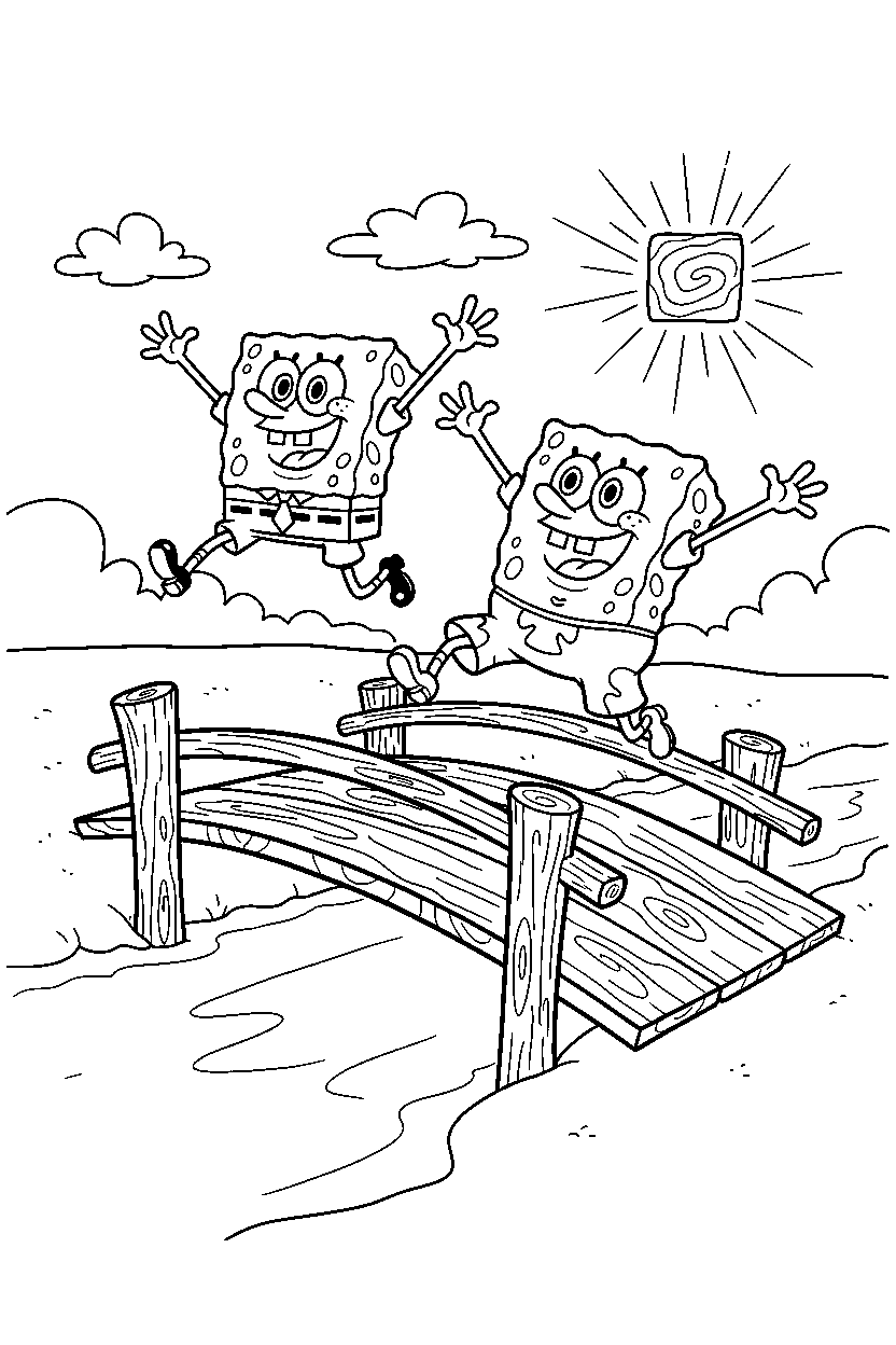 spongebob patrick star jumping on wooden bridge line art