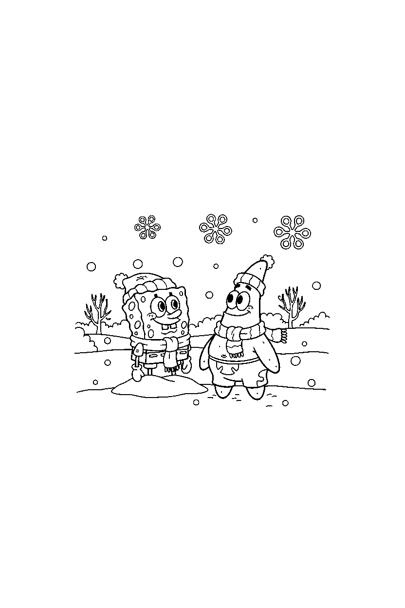 spongebob patrick star observing in snowy field line art