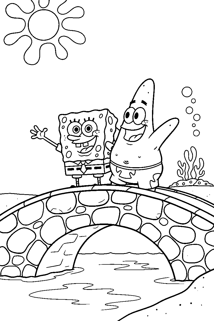 spongebob patrick star smiling on bridge line art