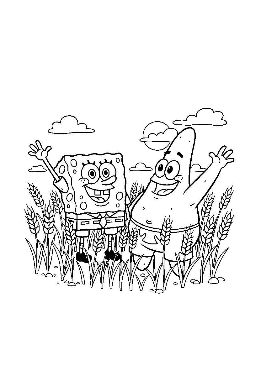 spongebob patrick star waving in wheat field line art
