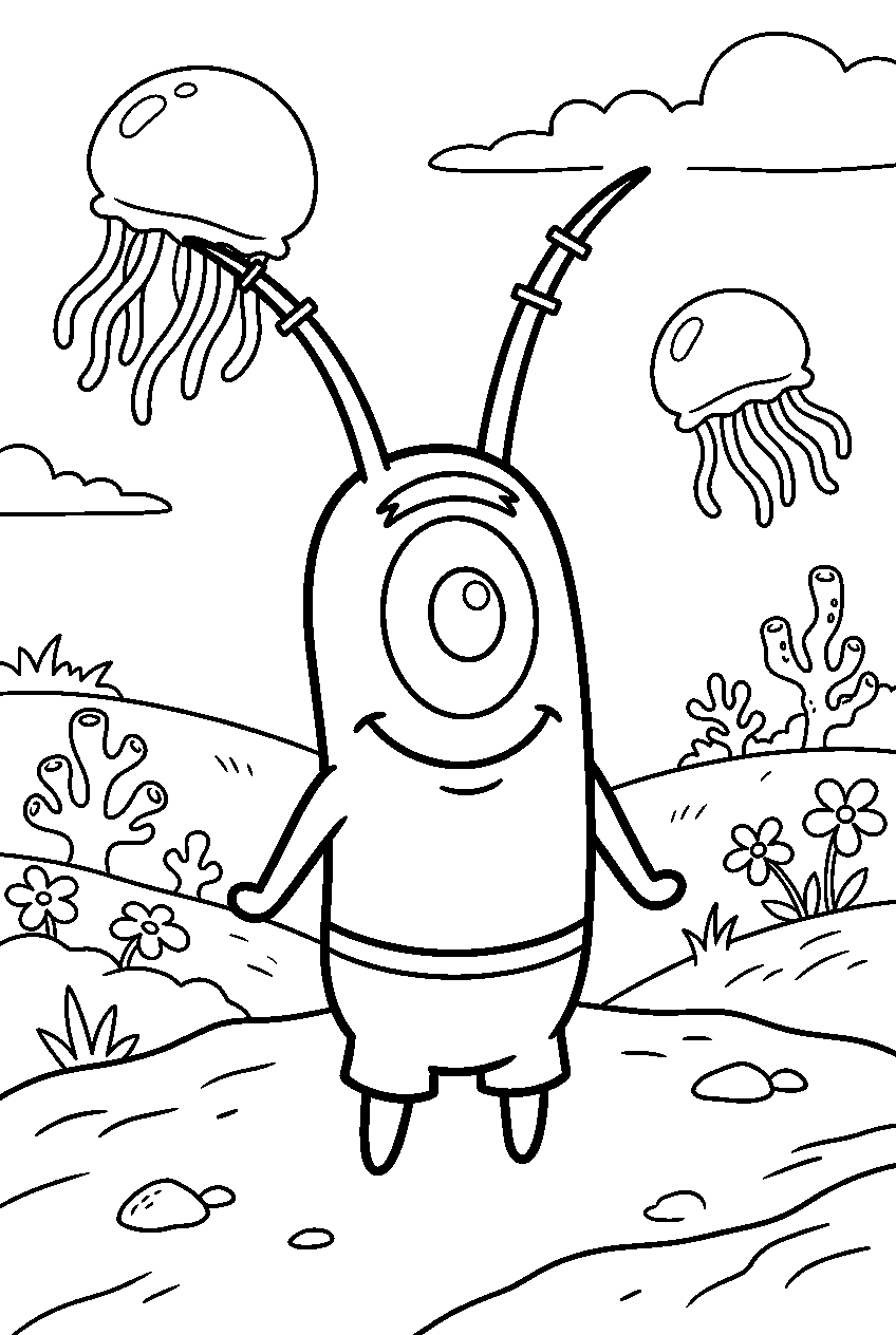 spongebob plankton at jellyfish meadow line art