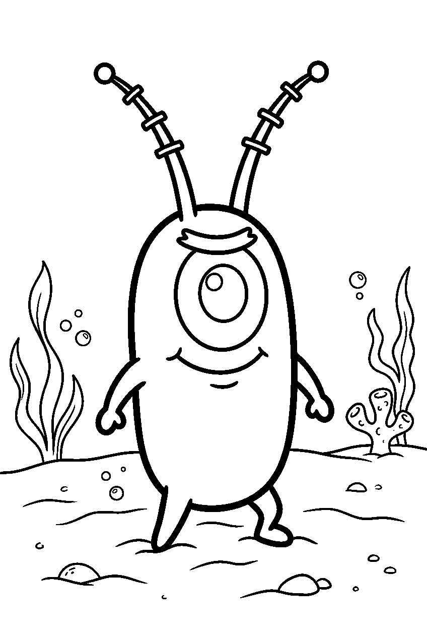 spongebob plankton on sandy ocean floor line art