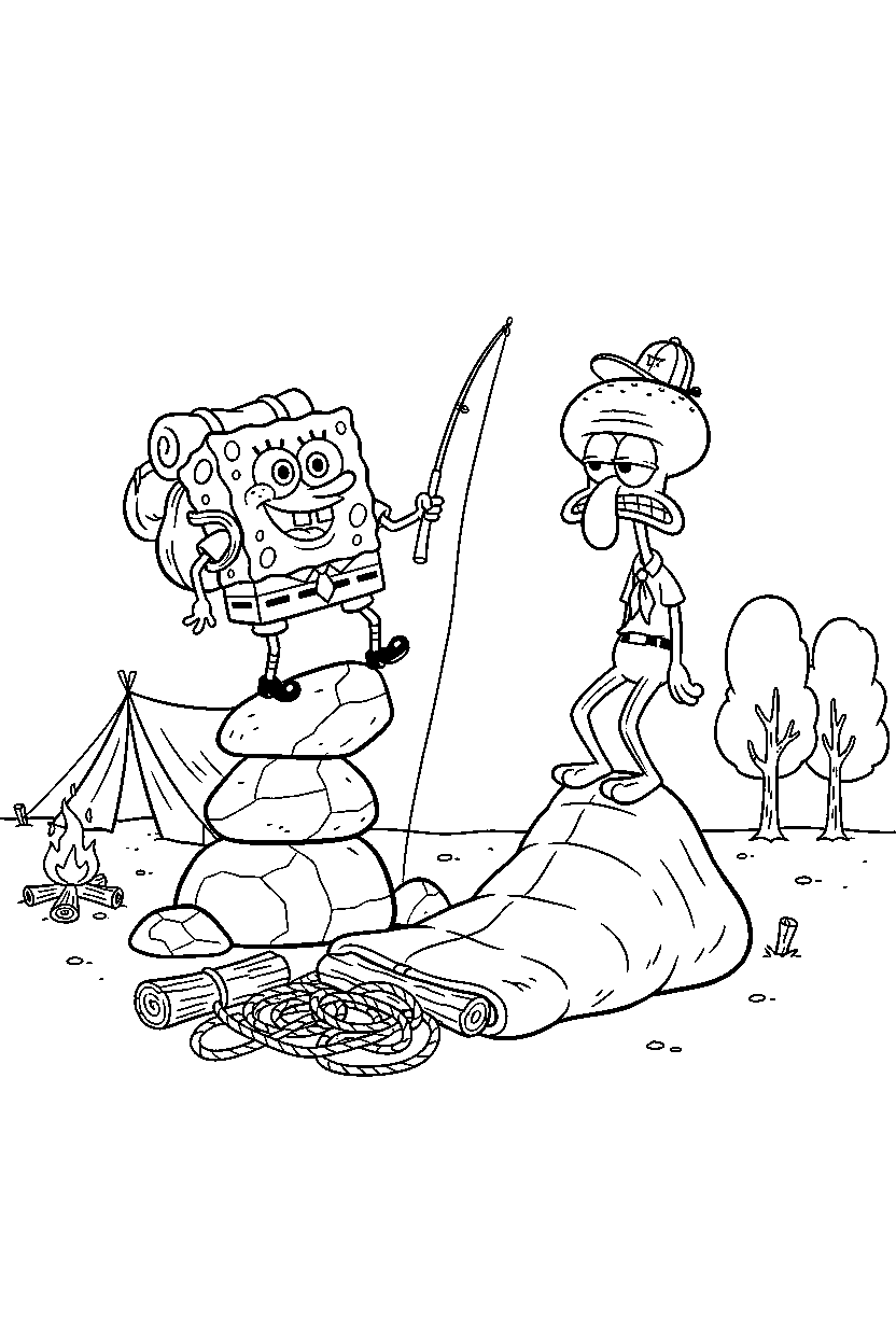 spongebob squidward balancing in camp area line art