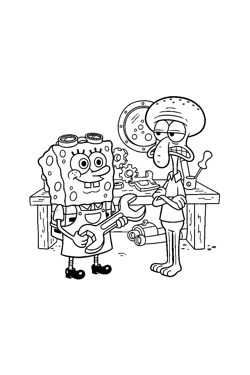 spongebob squidward observing in workshop line art