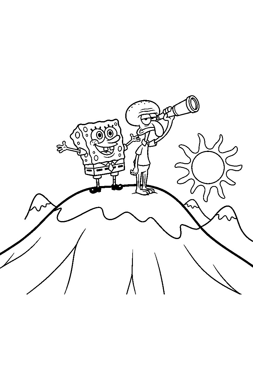 spongebob squidward observing on mountain line art