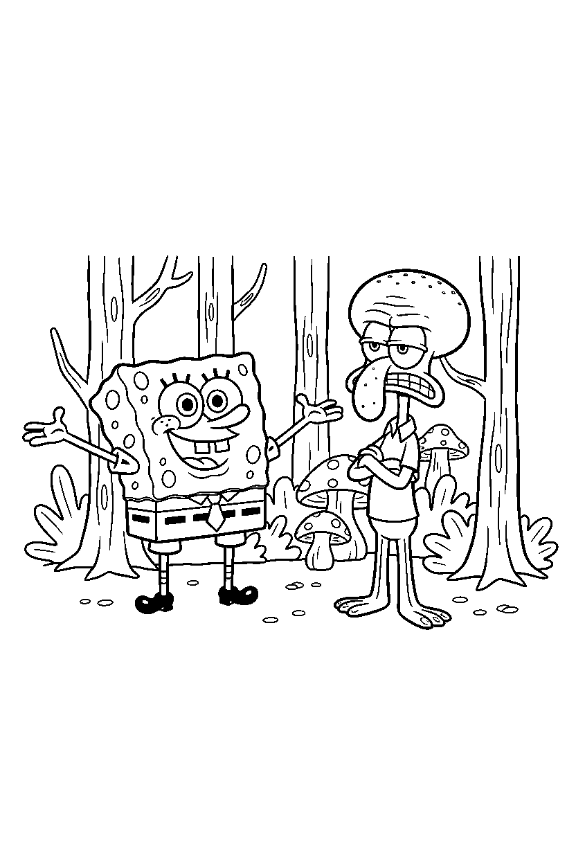 spongebob squidward posing in forest line art