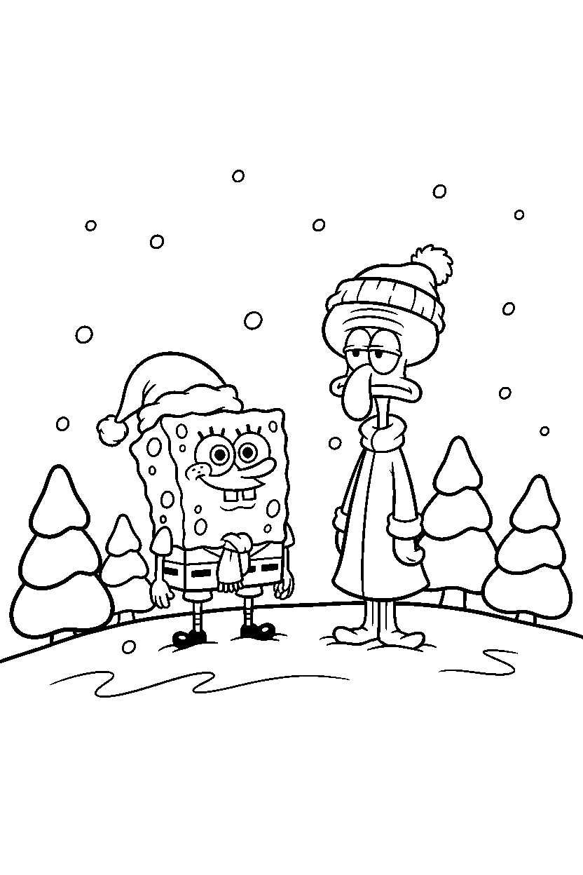 spongebob squidward standing calmly on snowy hill line art