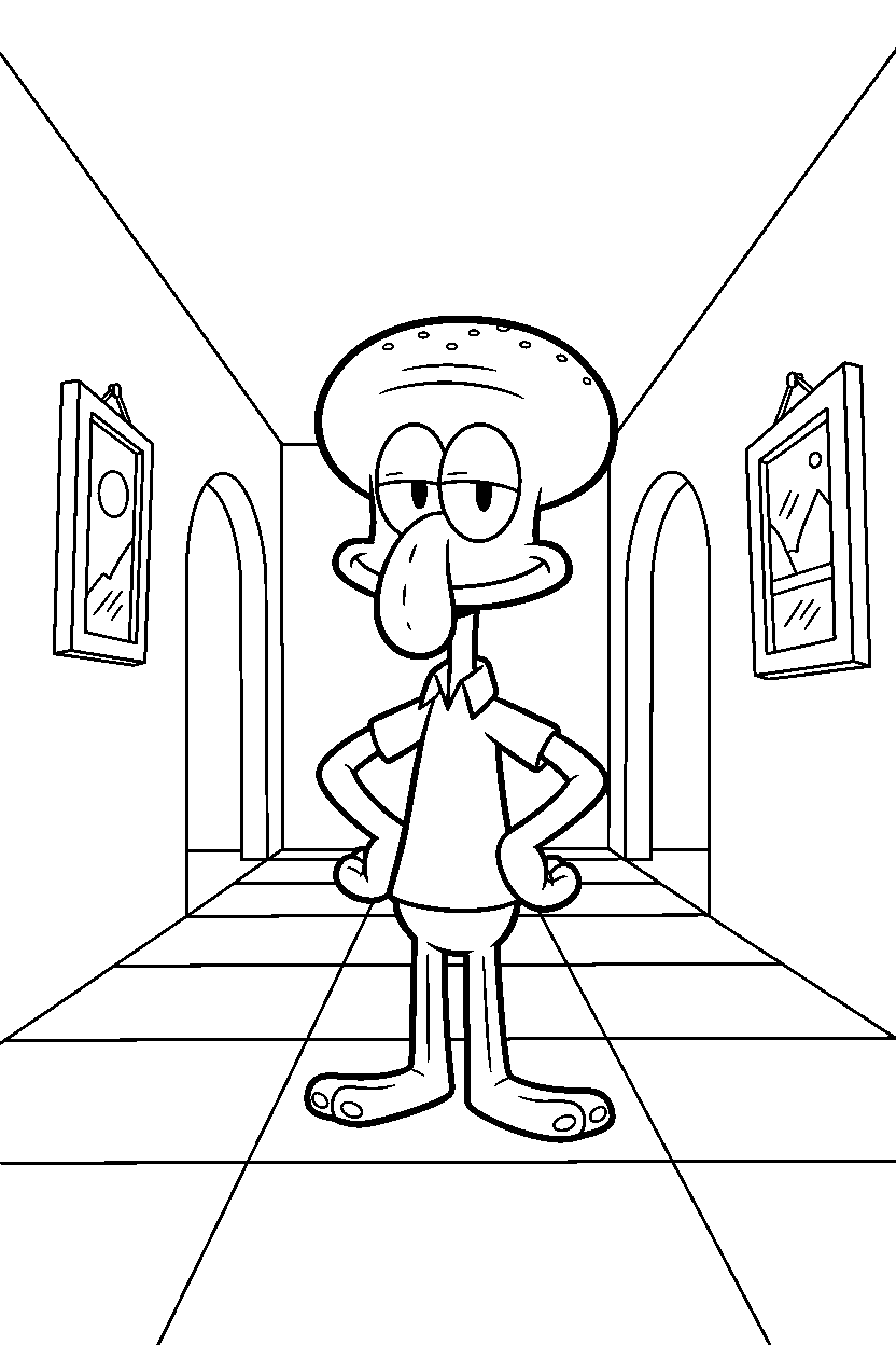 spongebob squidward standing confidently in hallway line art