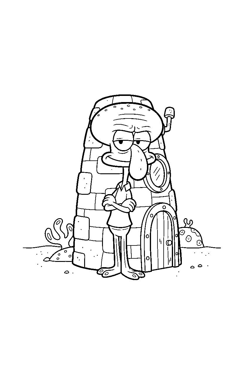 spongebob squidward standing confidently in small house line art
