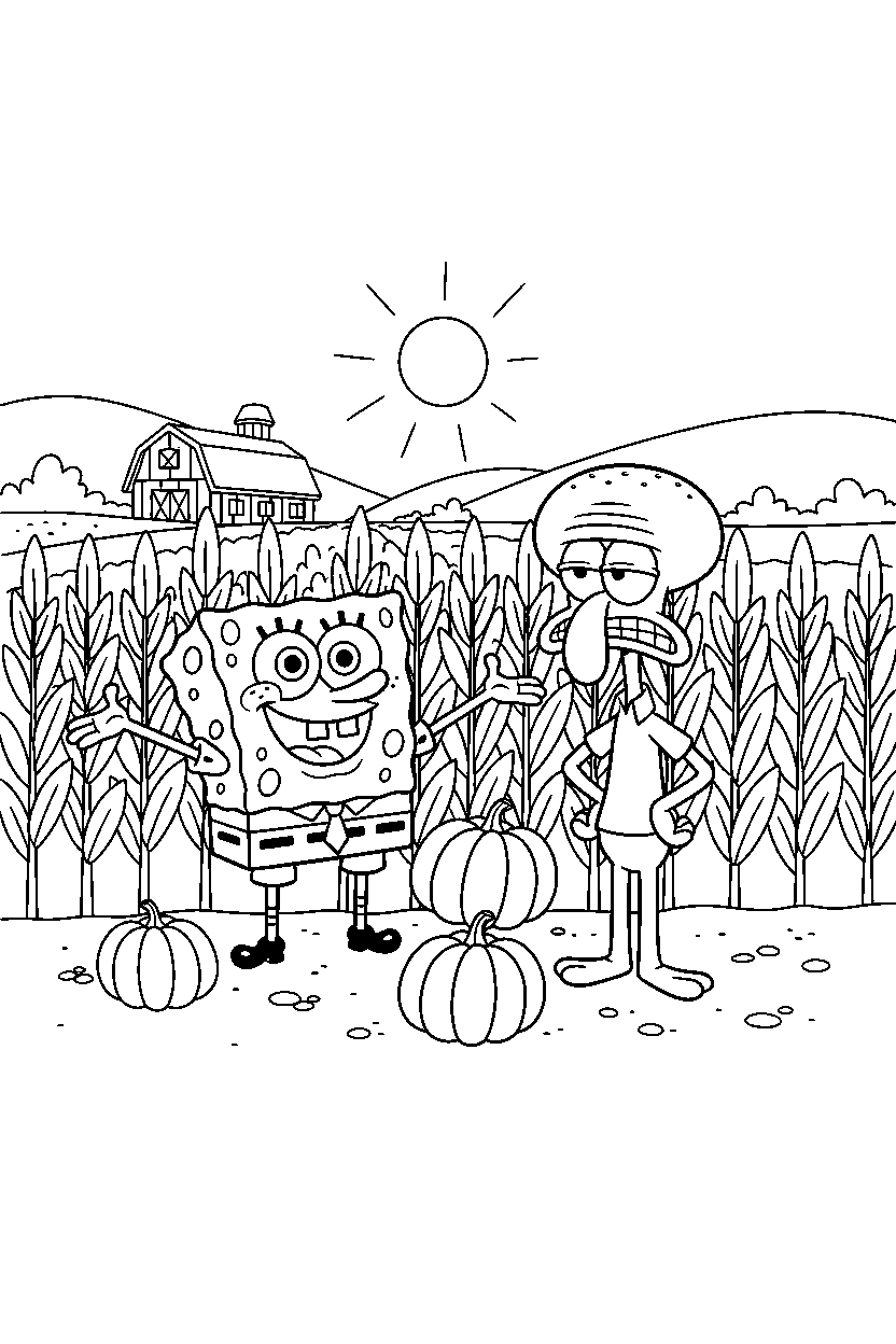 spongebob squidward standing in crop field line art