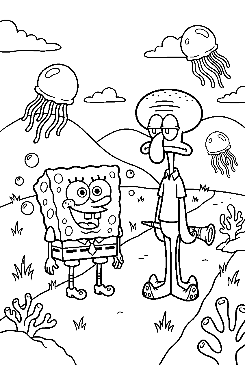 spongebob squidward standing in jellyfish fields line art