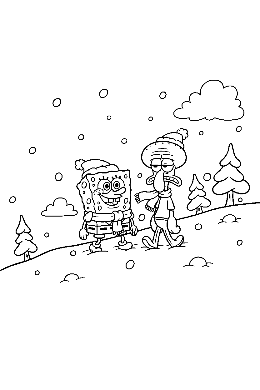 spongebob squidward walking on snowy hill line art