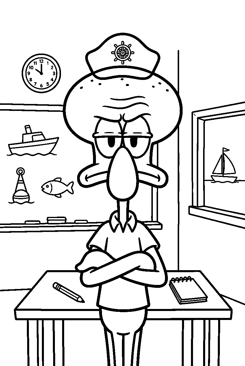 squidward at boating school classroom line art