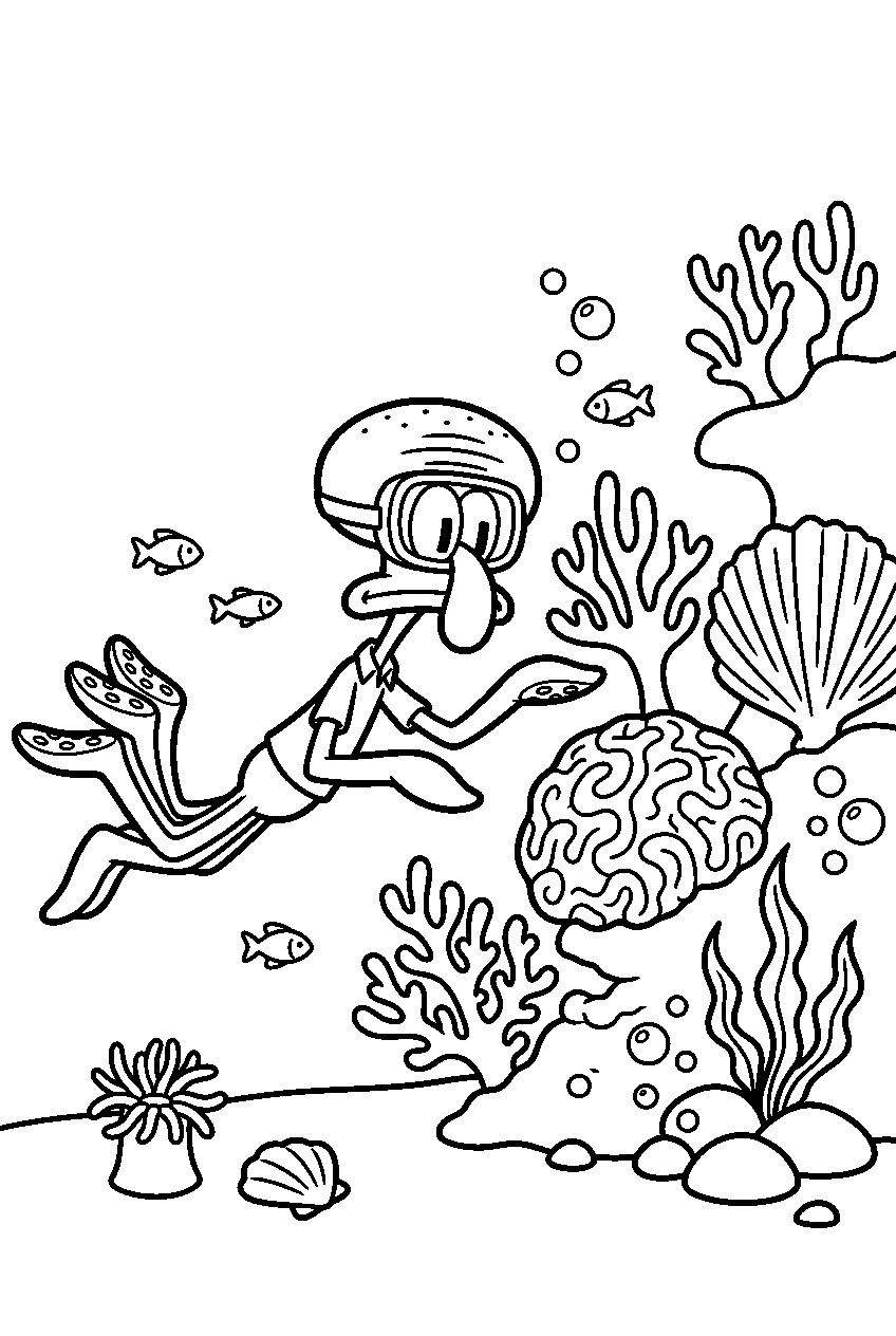squidward exploring at coral reef line art